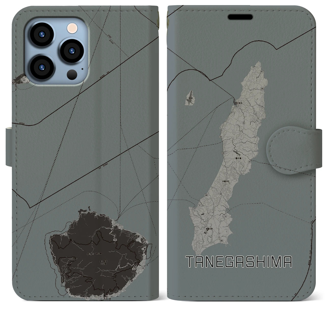 【種子島(鹿児島県)】地図柄iPhoneケース(手帳タイプ)モノトーン・iPhone 13 Pro Max 用