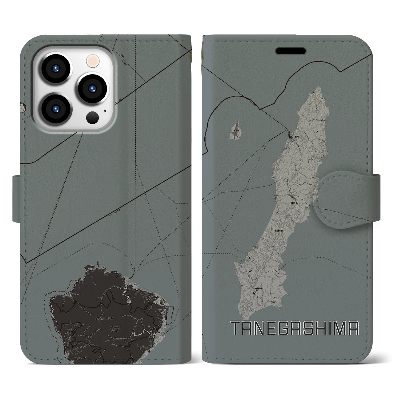【種子島(鹿児島県)】地図柄iPhoneケース(手帳タイプ)モノトーン・iPhone 13 Pro 用
