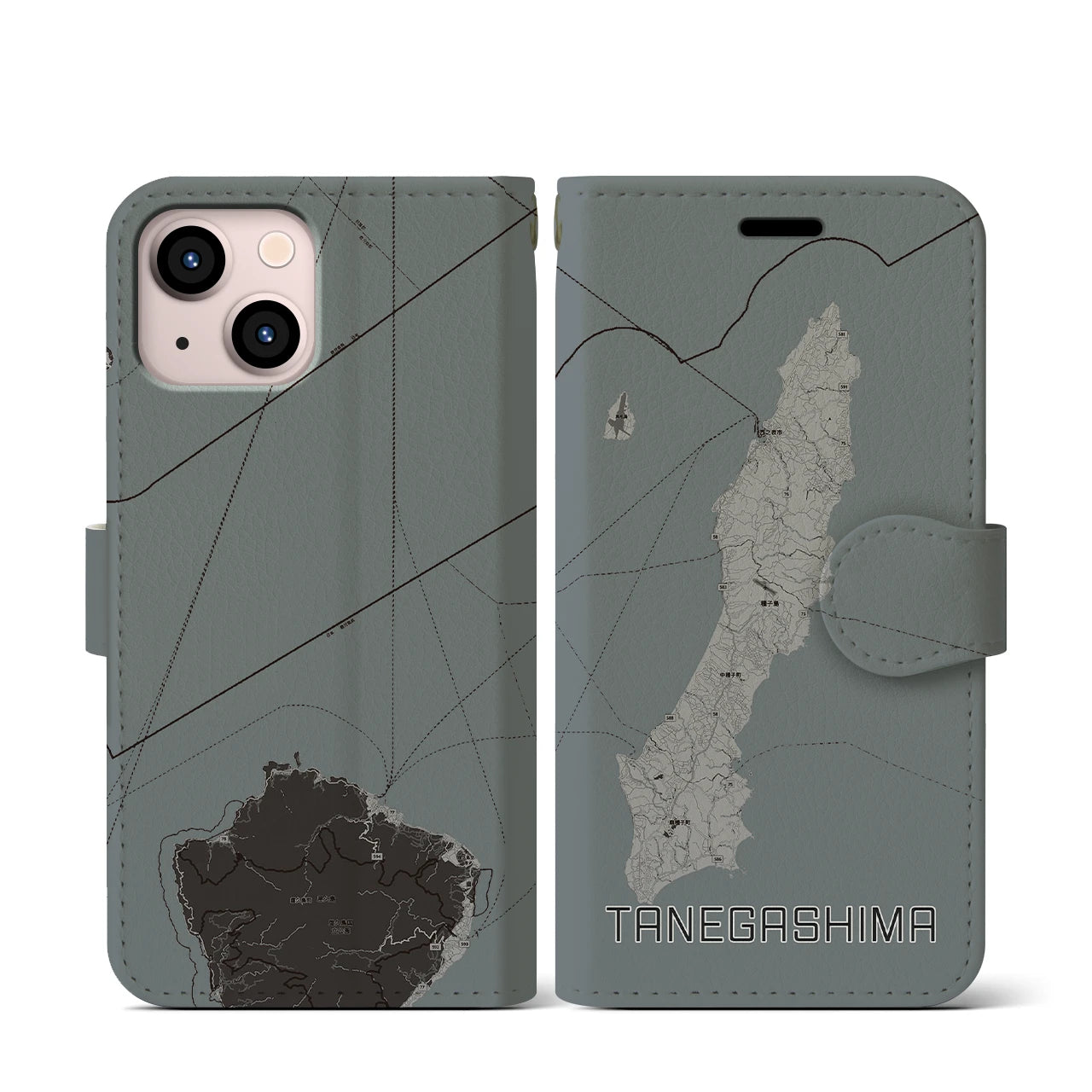 【種子島(鹿児島県)】地図柄iPhoneケース(手帳タイプ)モノトーン・iPhone 13 mini 用
