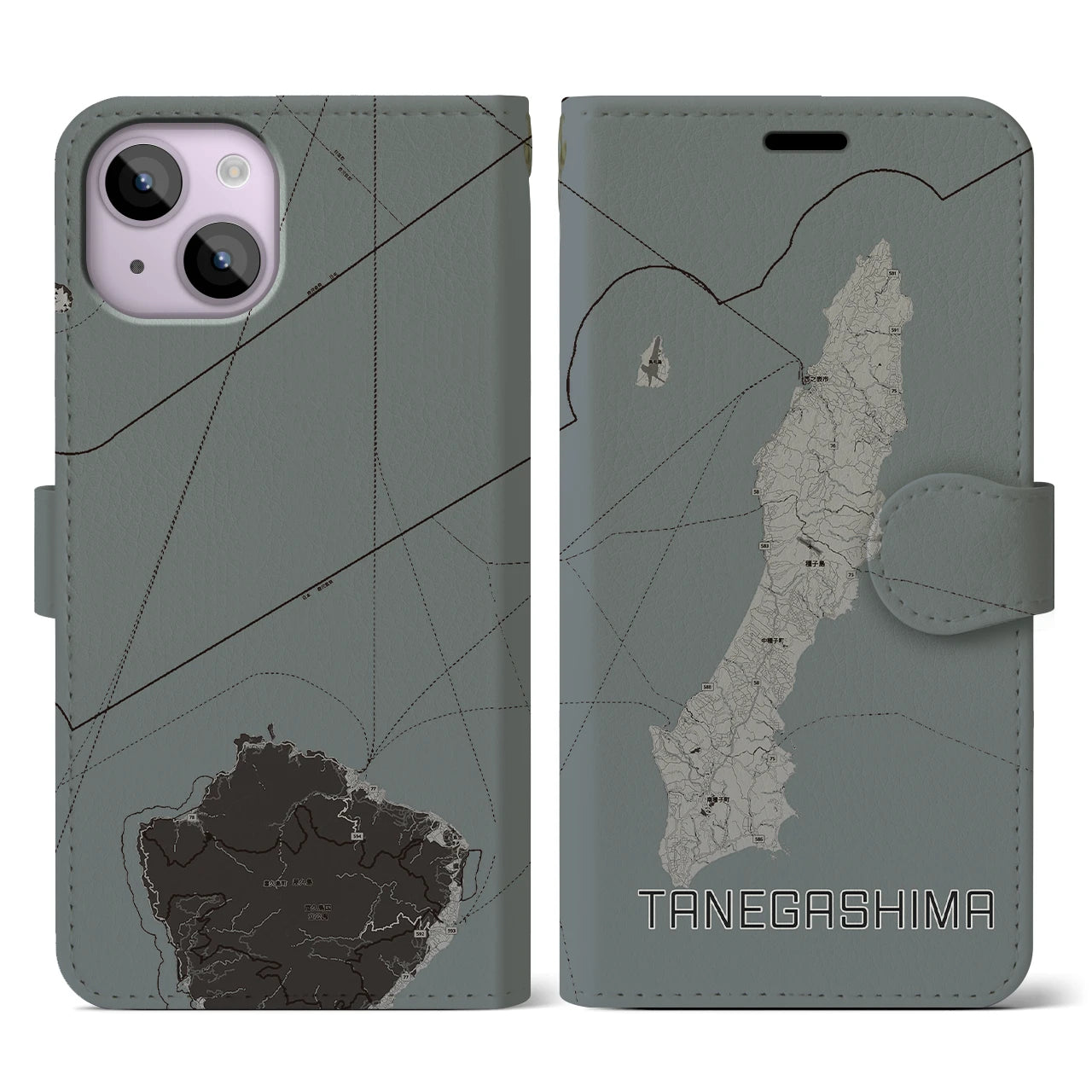 【種子島(鹿児島県)】地図柄iPhoneケース(手帳タイプ)モノトーン・iPhone 14 用