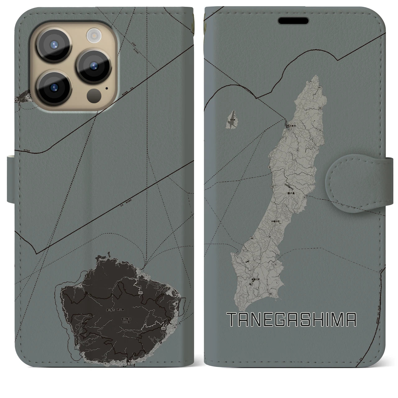 【種子島(鹿児島県)】地図柄iPhoneケース(手帳タイプ)モノトーン・iPhone 14 Pro Max 用