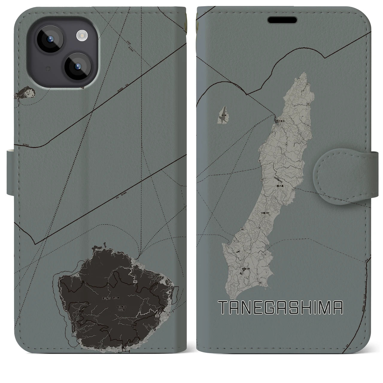 【種子島(鹿児島県)】地図柄iPhoneケース(手帳タイプ)モノトーン・iPhone 14 Plus 用