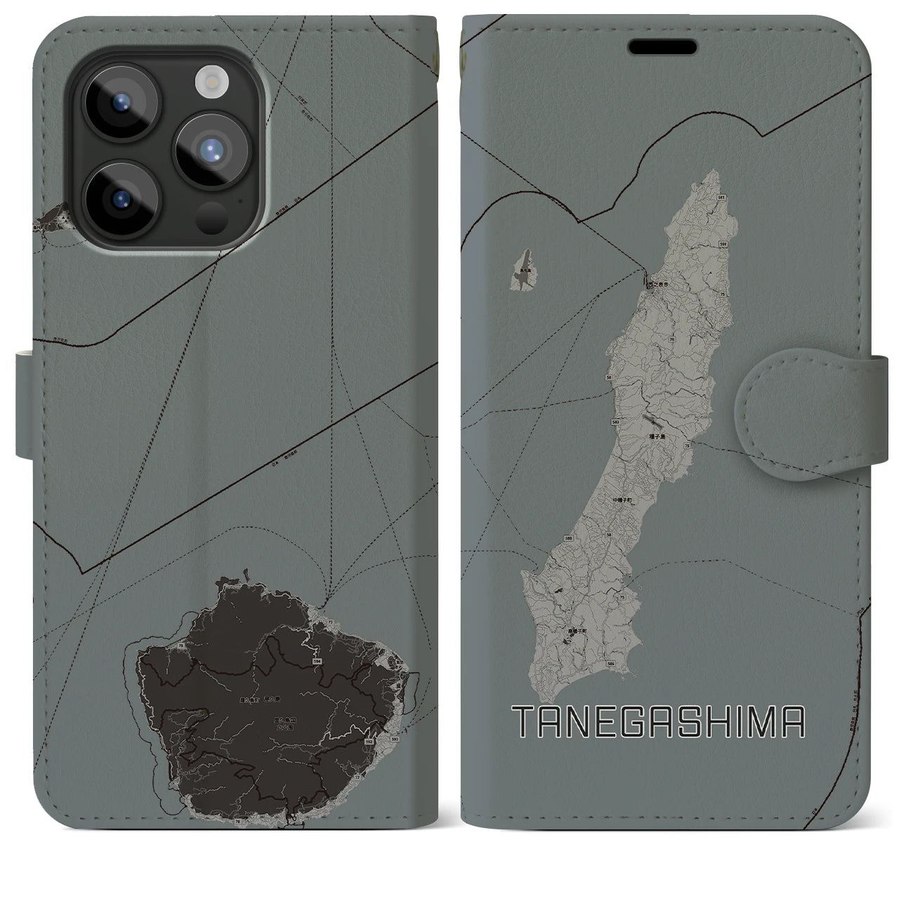 【種子島(鹿児島県)】地図柄iPhoneケース(手帳タイプ)モノトーン・iPhone 15 Pro Max 用