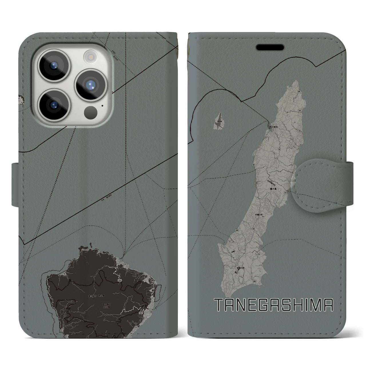【種子島(鹿児島県)】地図柄iPhoneケース(手帳タイプ)モノトーン・iPhone 15 Pro 用