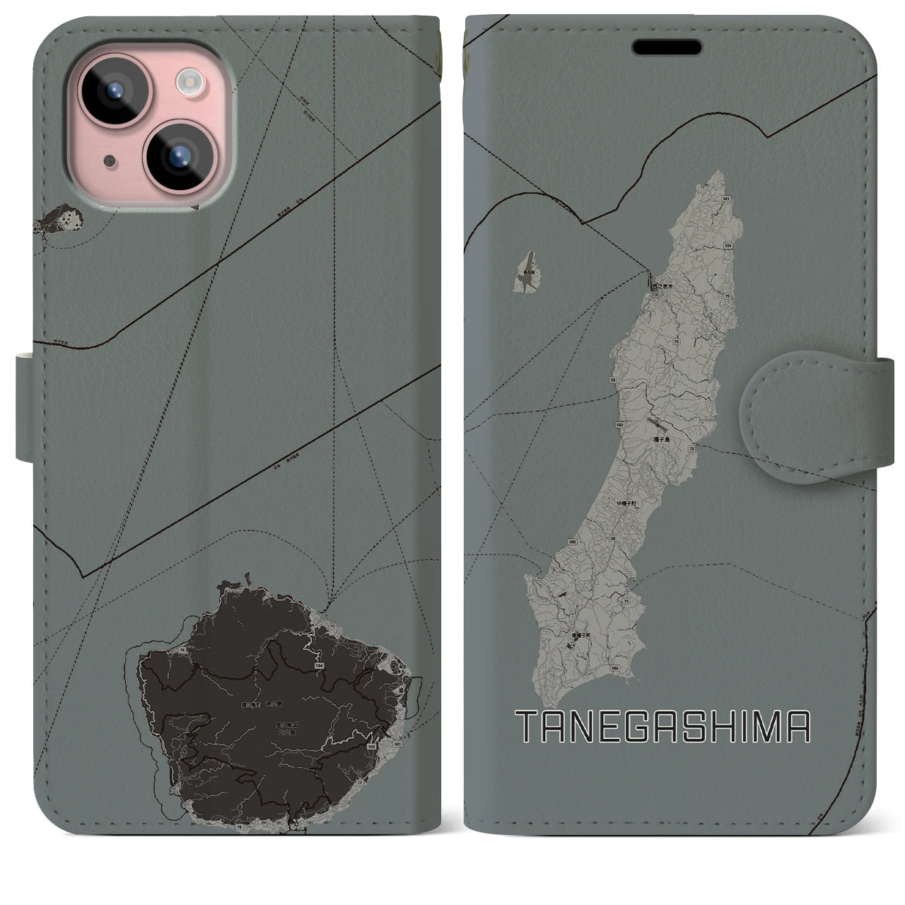 【種子島(鹿児島県)】地図柄iPhoneケース(手帳タイプ)モノトーン・iPhone 15 Plus 用