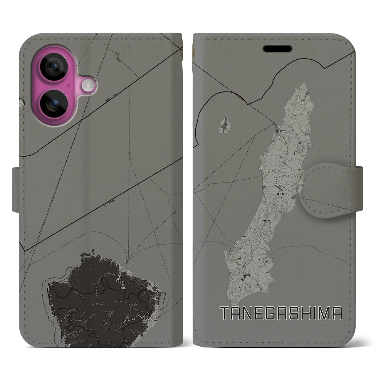 【種子島(鹿児島県)】地図柄iPhoneケース(手帳タイプ)モノトーン・iPhone 16 Pro 用