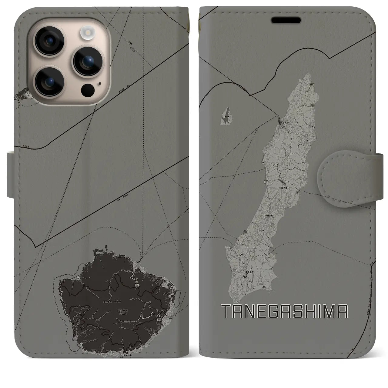 【種子島(鹿児島県)】地図柄iPhoneケース(手帳タイプ)モノトーン・iPhone 16 Plus 用