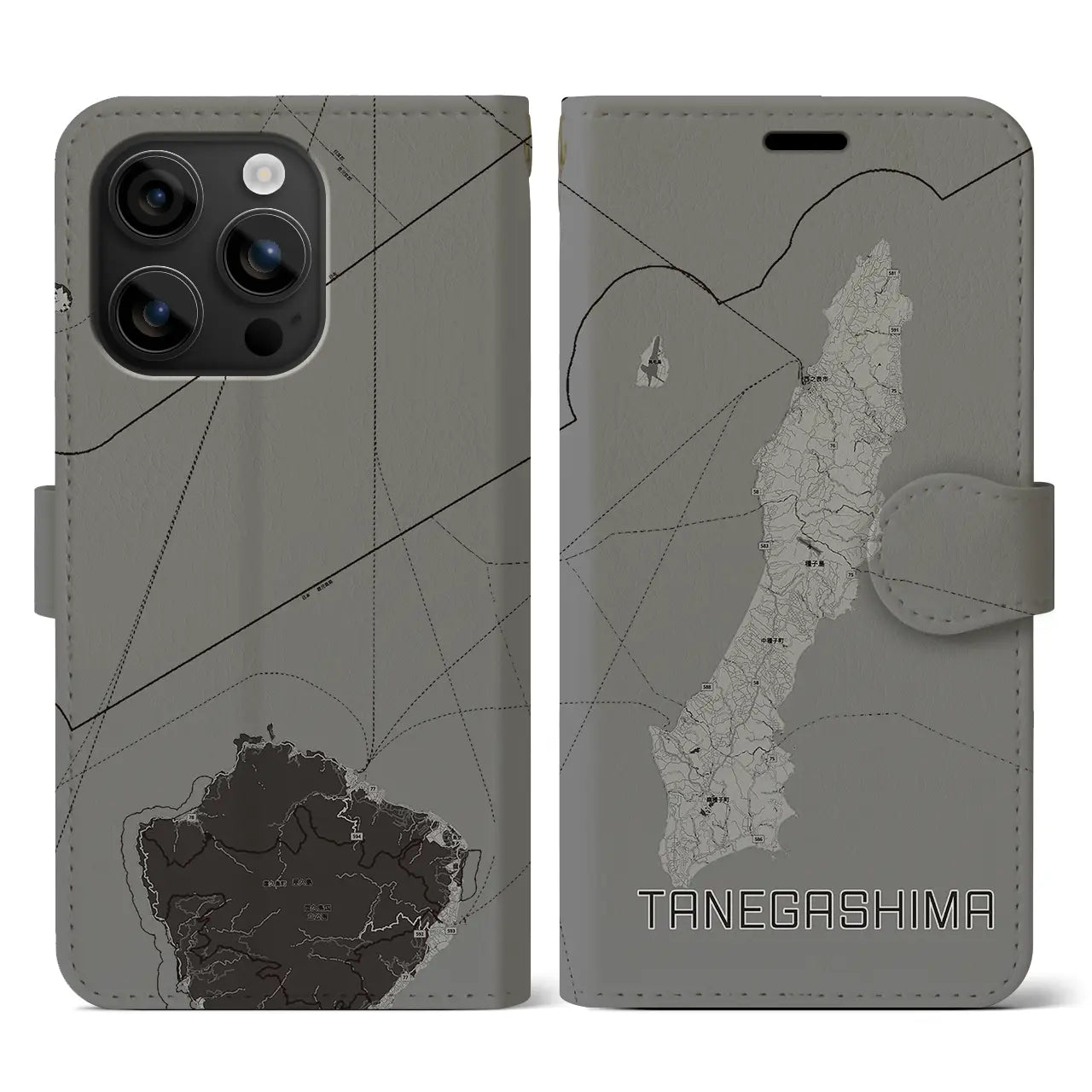 【種子島(鹿児島県)】地図柄iPhoneケース(手帳タイプ)モノトーン・iPhone 16 用
