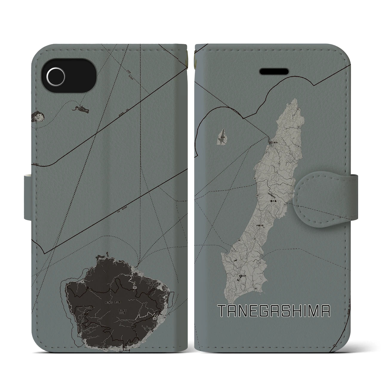 【種子島(鹿児島県)】地図柄iPhoneケース(手帳タイプ)モノトーン・iPhone SE(第3 / 第2世代) / 8 / 7 / 6s / 6 用