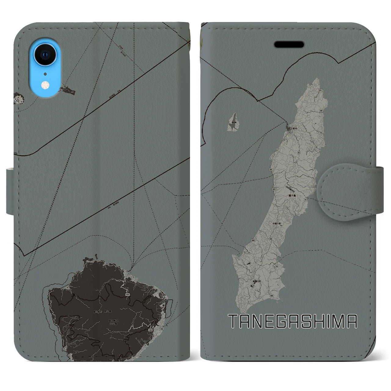 【種子島(鹿児島県)】地図柄iPhoneケース(手帳タイプ)モノトーン・iPhone XR 用