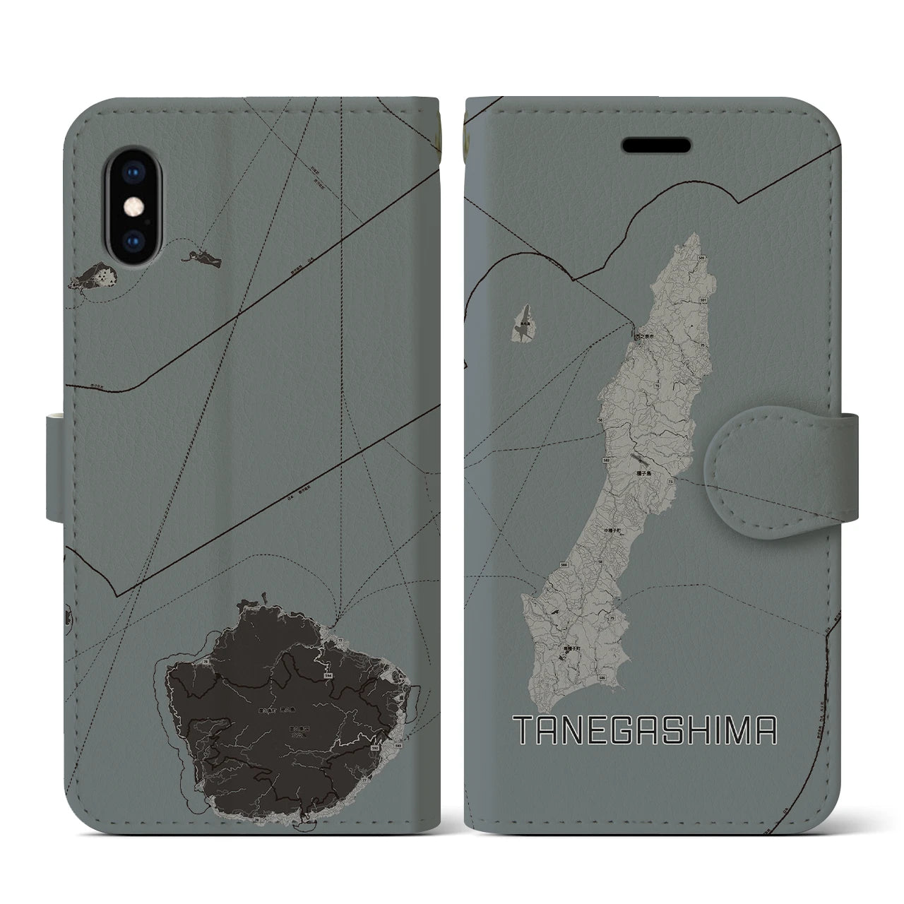 【種子島(鹿児島県)】地図柄iPhoneケース(手帳タイプ)モノトーン・iPhone XS / X 用