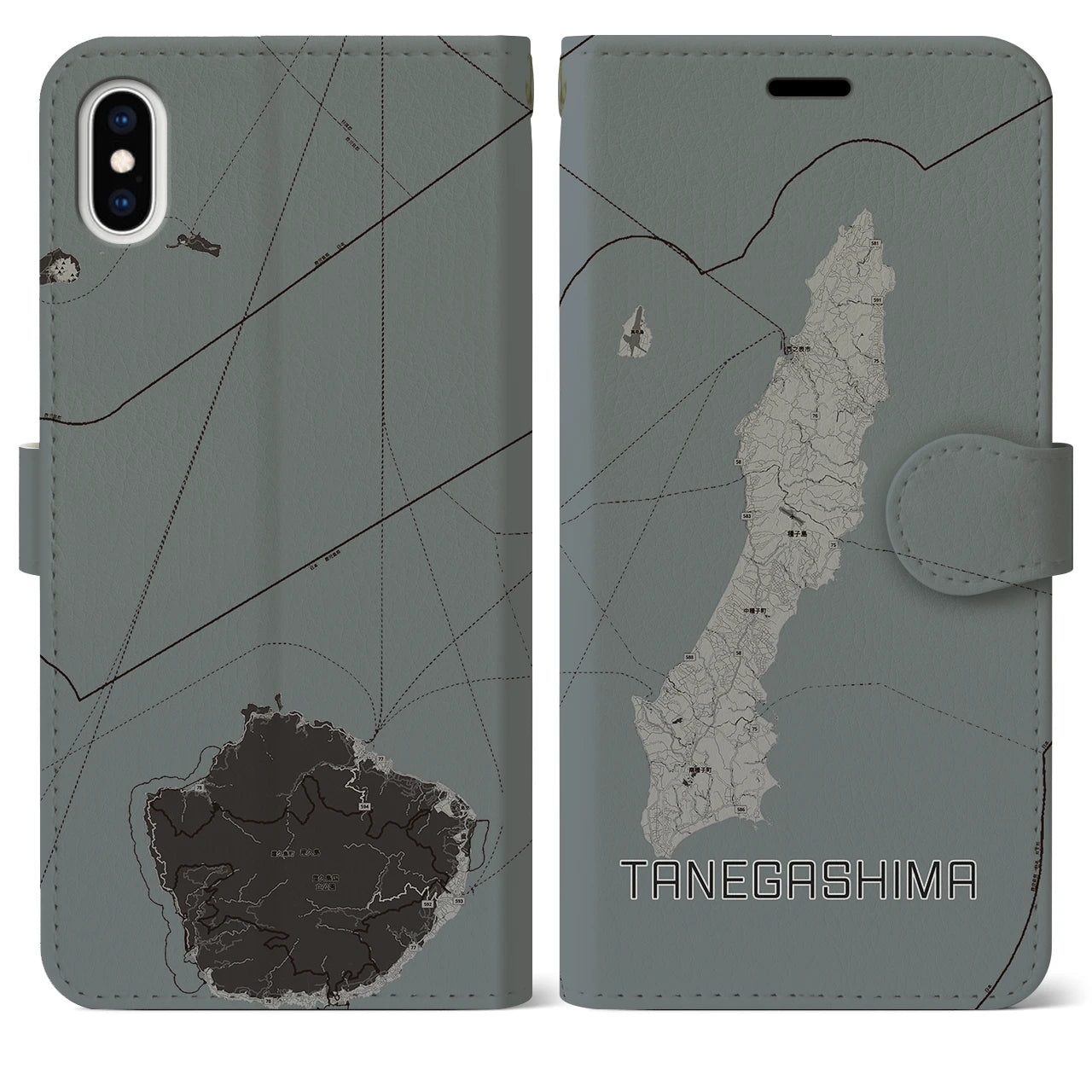 【種子島(鹿児島県)】地図柄iPhoneケース(手帳タイプ)モノトーン・iPhone XS Max 用