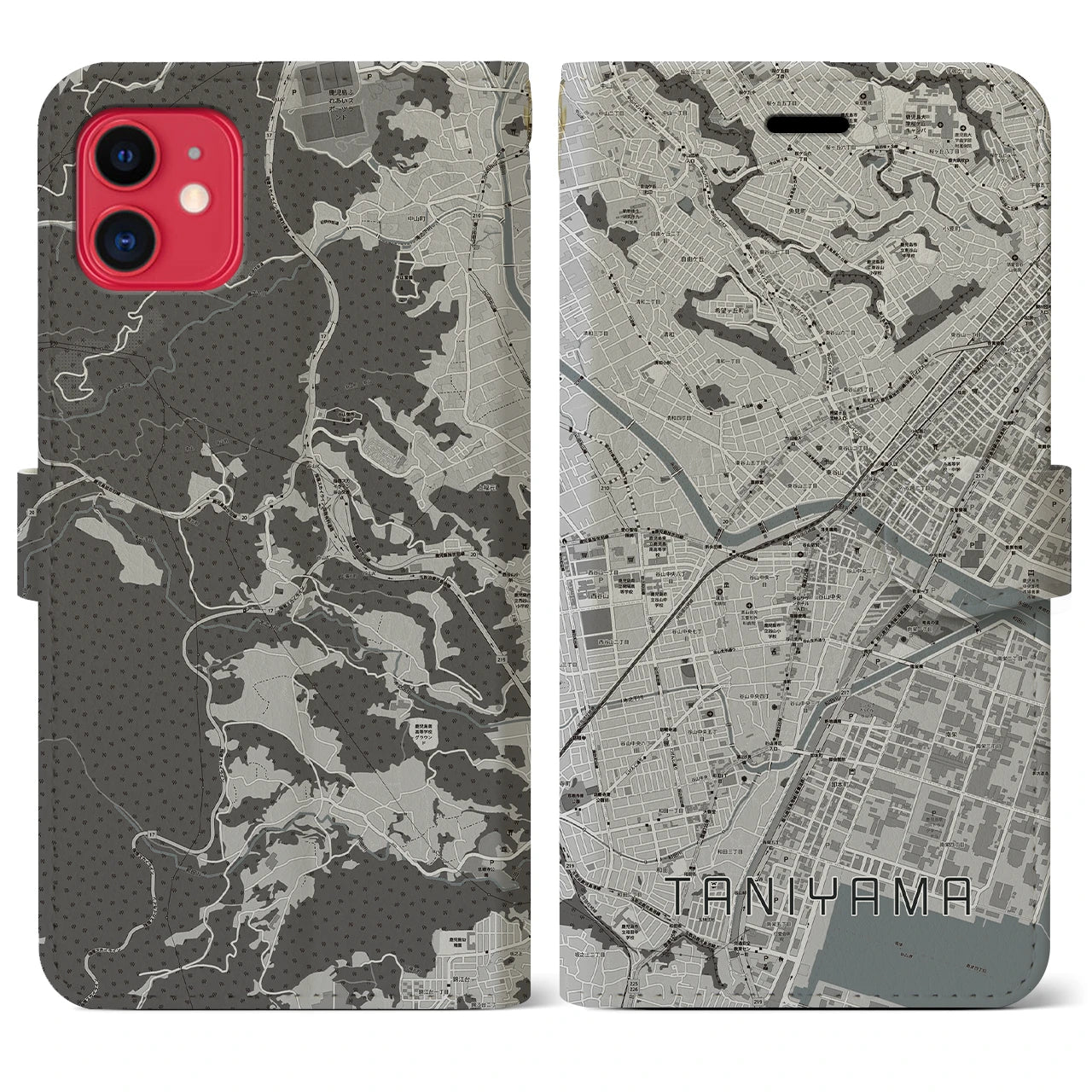 【谷山(鹿児島県)】地図柄iPhoneケース(手帳タイプ)モノトーン・iPhone 11 用