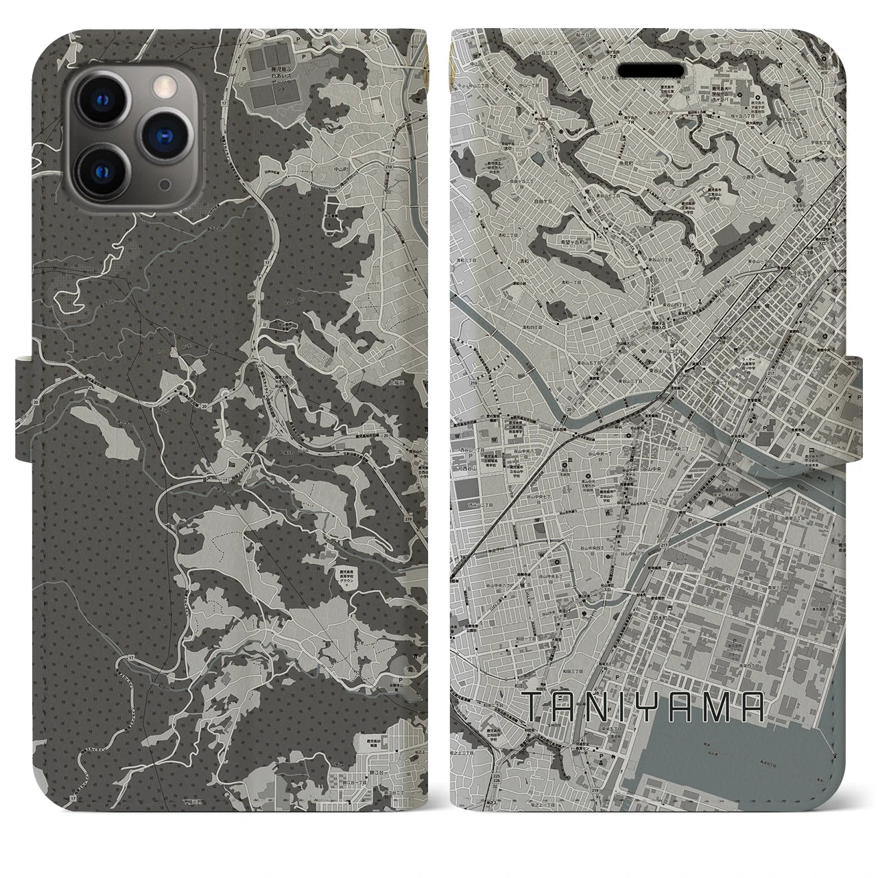 【谷山(鹿児島県)】地図柄iPhoneケース(手帳タイプ)モノトーン・iPhone 11 Pro Max 用