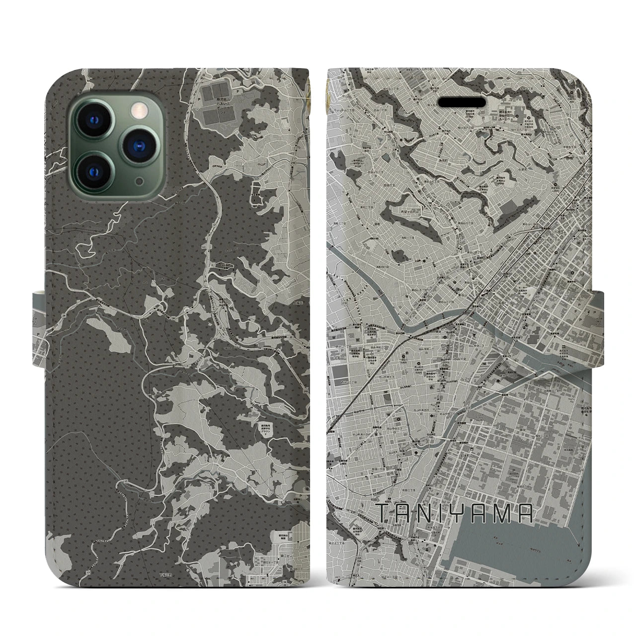 【谷山(鹿児島県)】地図柄iPhoneケース(手帳タイプ)モノトーン・iPhone 11 Pro 用