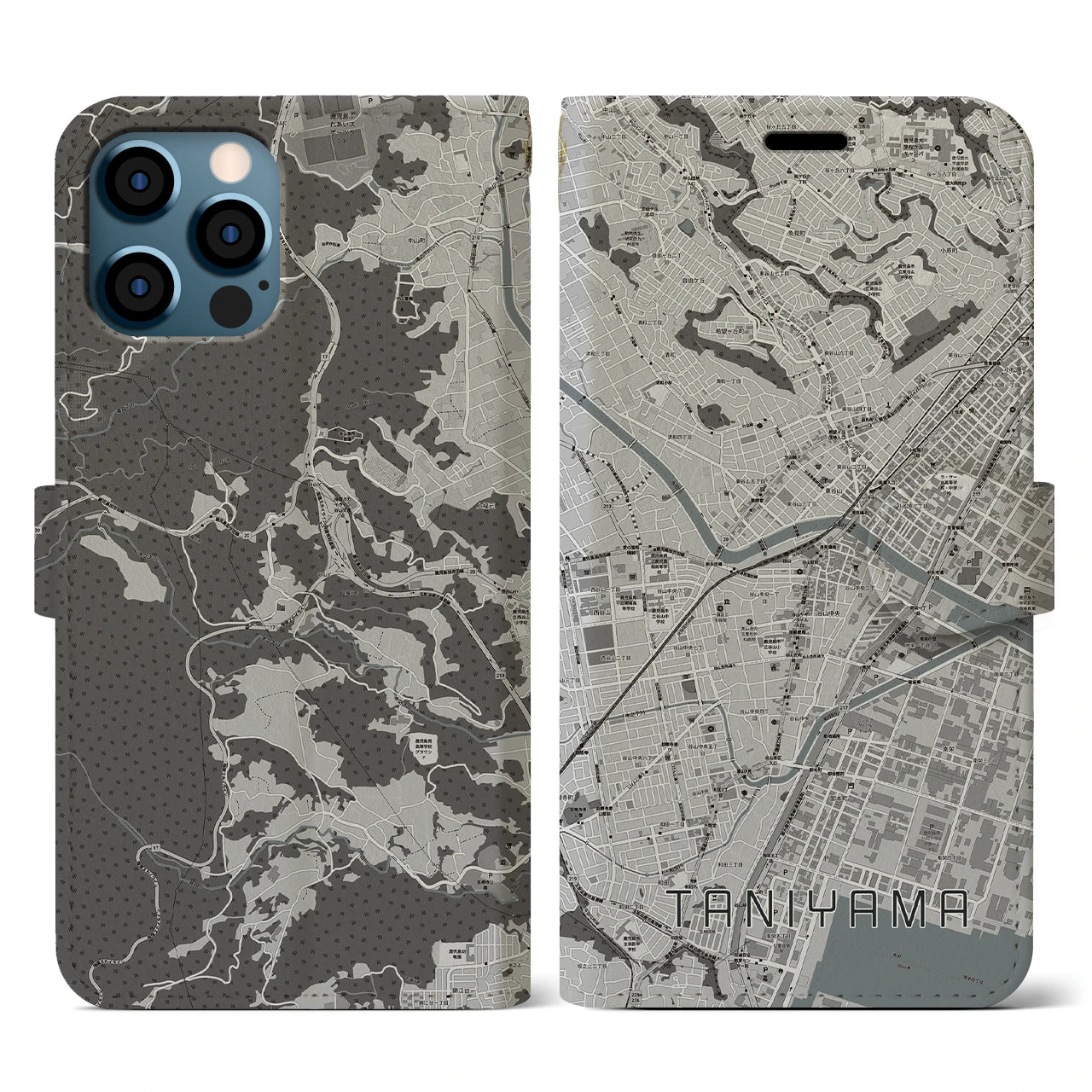 【谷山(鹿児島県)】地図柄iPhoneケース(手帳タイプ)モノトーン・iPhone 12 / 12 Pro 用