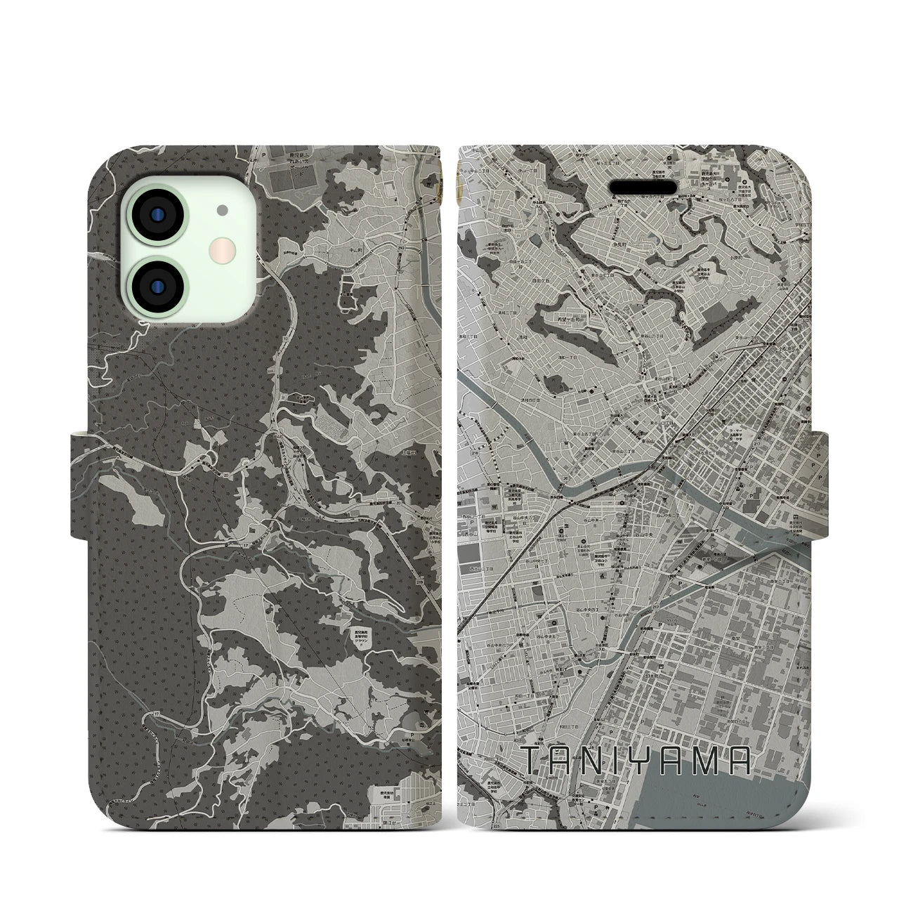 【谷山(鹿児島県)】地図柄iPhoneケース(手帳タイプ)モノトーン・iPhone 12 mini 用