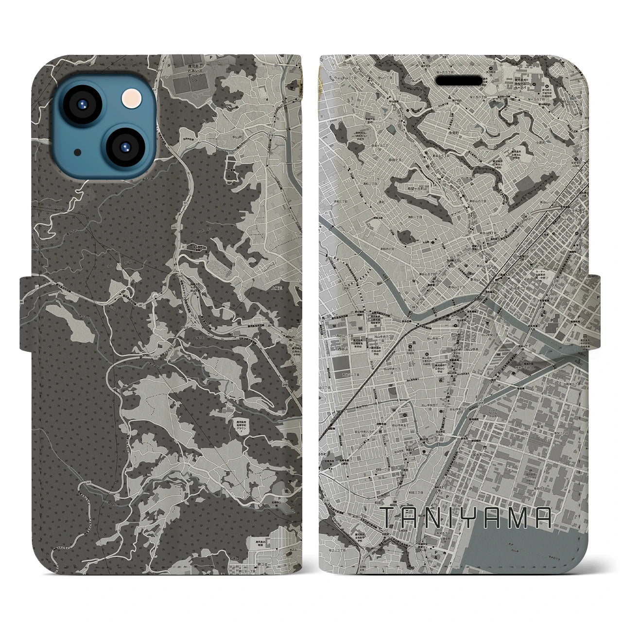 【谷山(鹿児島県)】地図柄iPhoneケース(手帳タイプ)モノトーン・iPhone 13 用