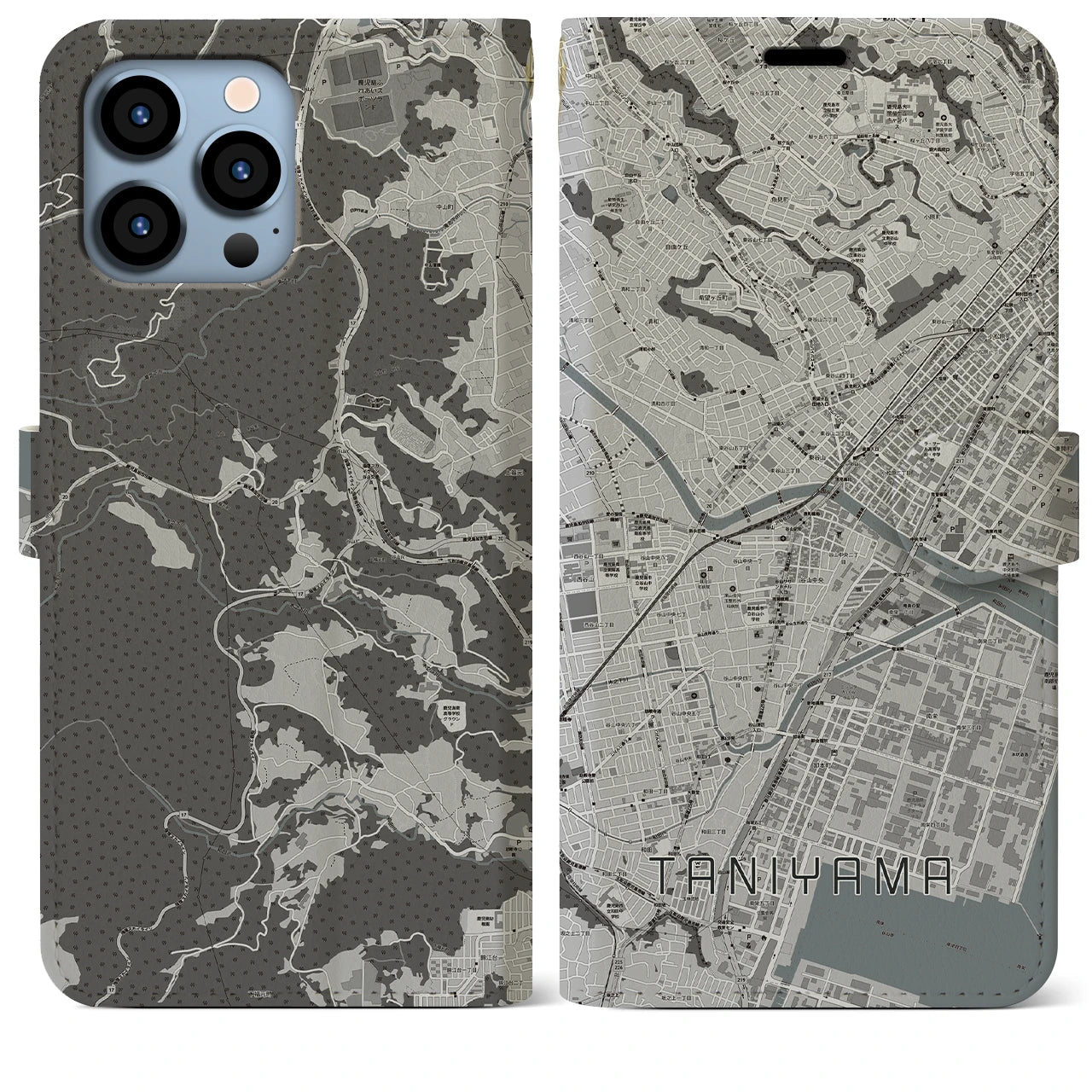 【谷山(鹿児島県)】地図柄iPhoneケース(手帳タイプ)モノトーン・iPhone 13 Pro Max 用