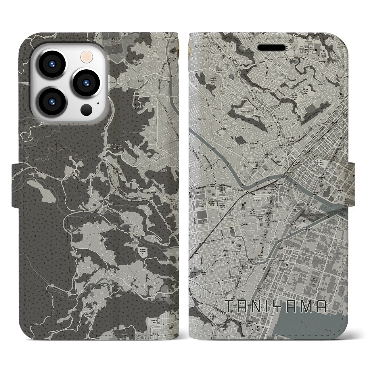 【谷山(鹿児島県)】地図柄iPhoneケース(手帳タイプ)モノトーン・iPhone 13 Pro 用