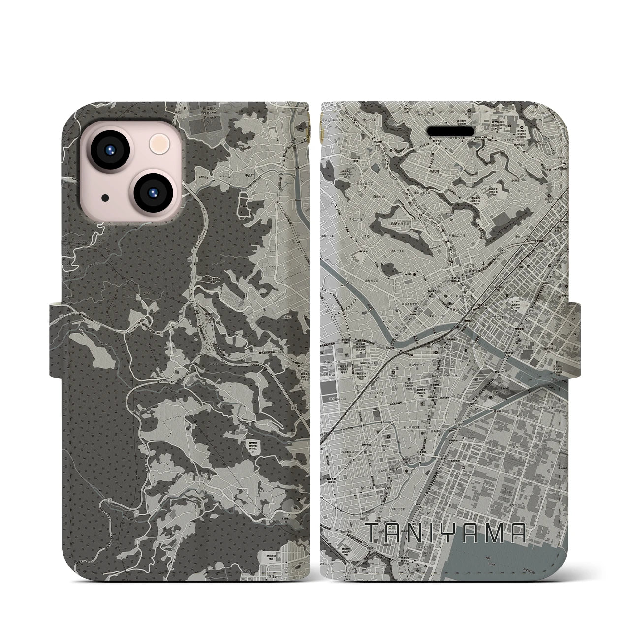 【谷山(鹿児島県)】地図柄iPhoneケース(手帳タイプ)モノトーン・iPhone 13 mini 用