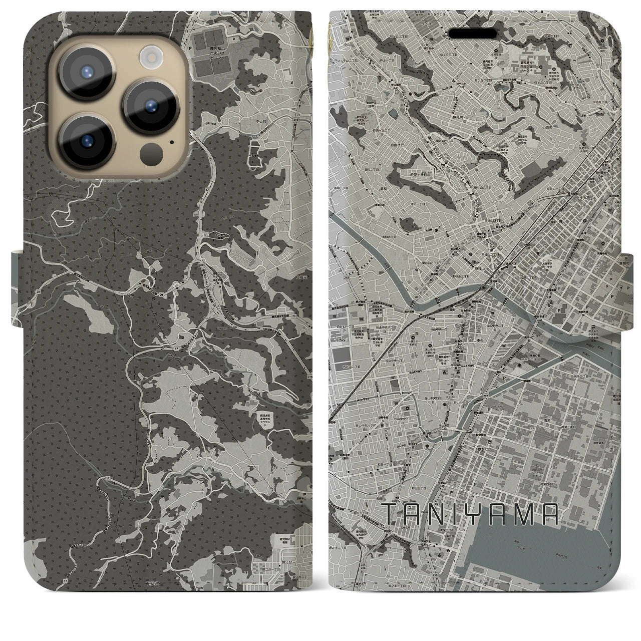 【谷山(鹿児島県)】地図柄iPhoneケース(手帳タイプ)モノトーン・iPhone 14 Pro Max 用
