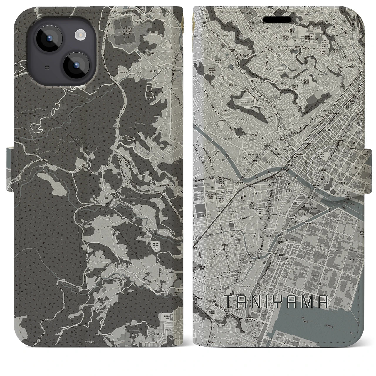 【谷山(鹿児島県)】地図柄iPhoneケース(手帳タイプ)モノトーン・iPhone 14 Plus 用