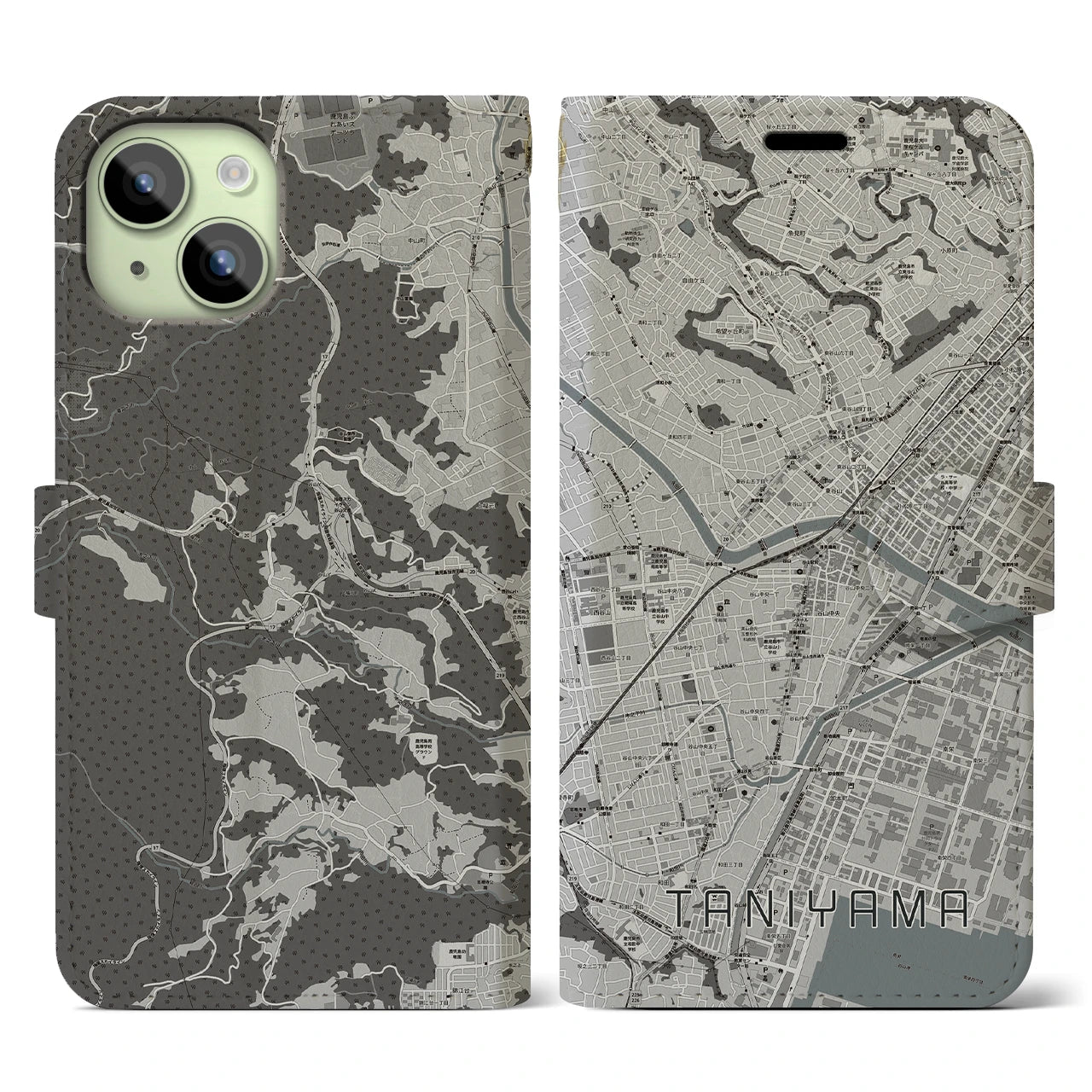 【谷山(鹿児島県)】地図柄iPhoneケース(手帳タイプ)モノトーン・iPhone 15 用