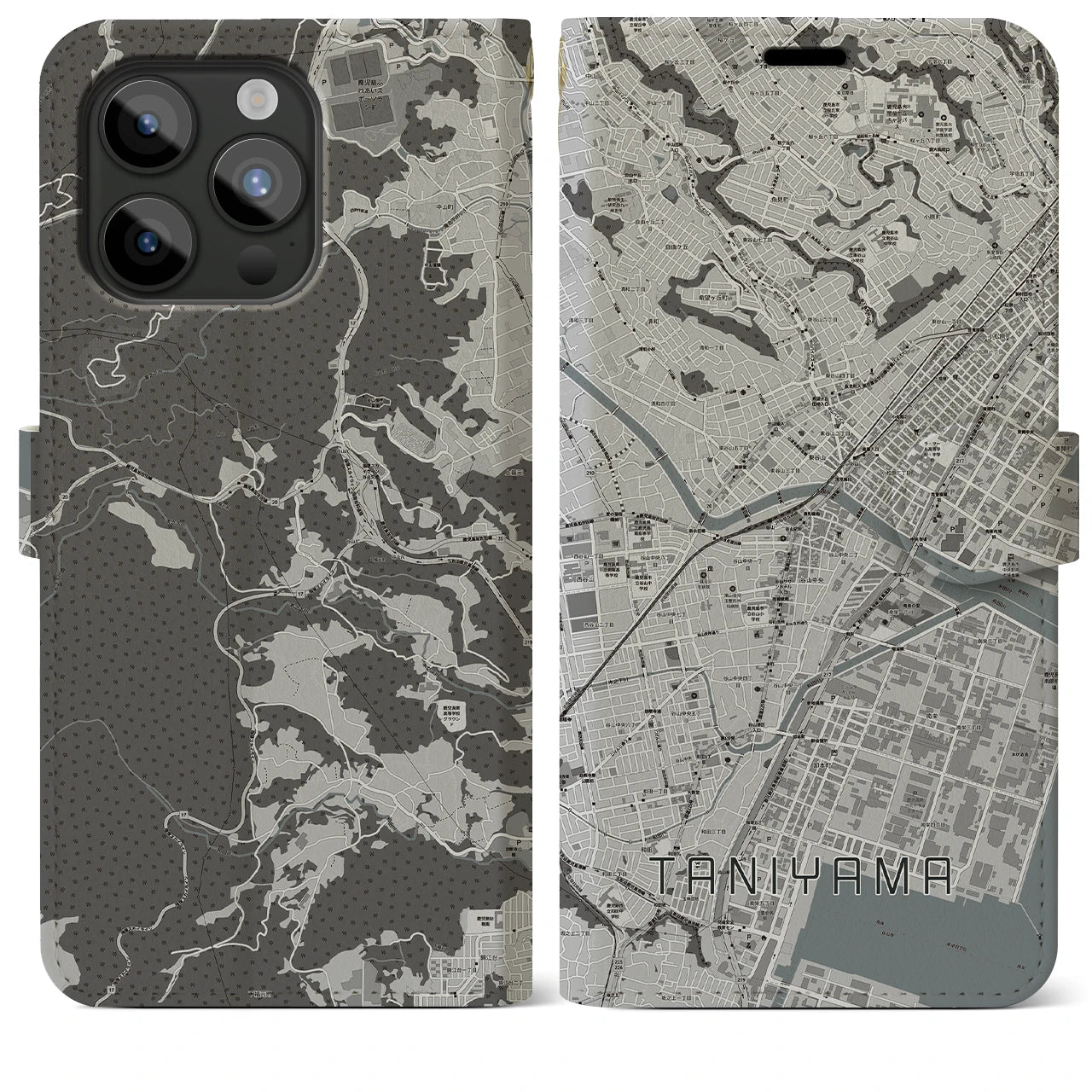 【谷山(鹿児島県)】地図柄iPhoneケース(手帳タイプ)モノトーン・iPhone 15 Pro Max 用