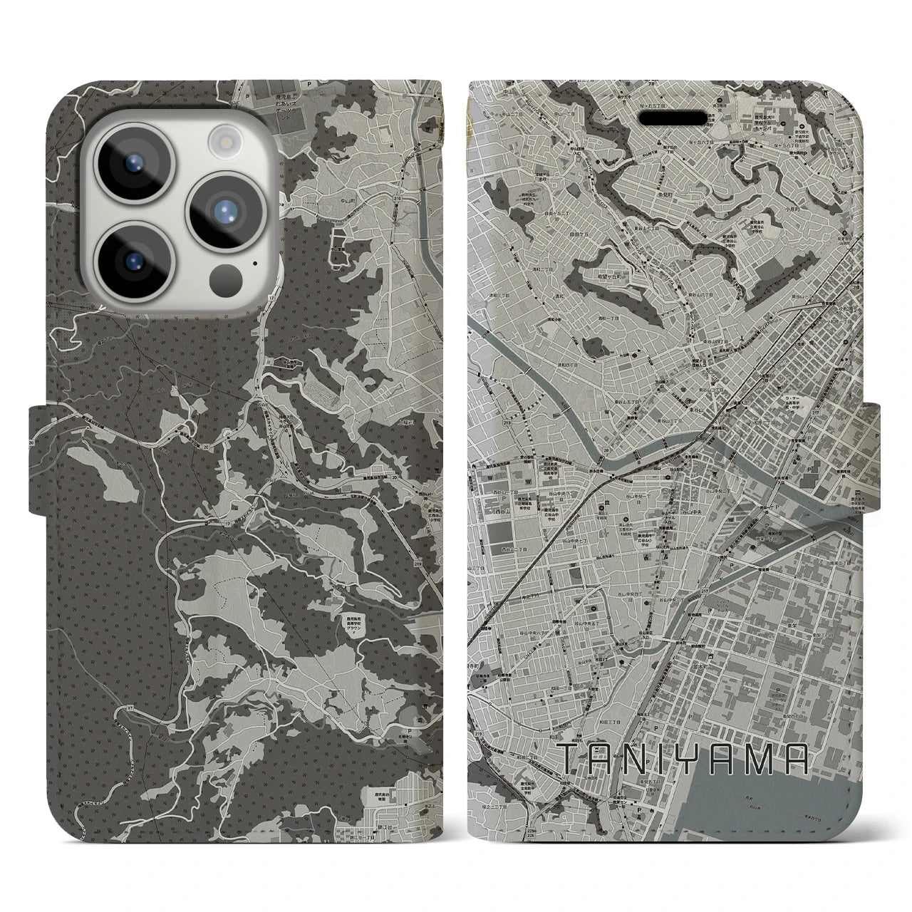【谷山(鹿児島県)】地図柄iPhoneケース(手帳タイプ)モノトーン・iPhone 15 Pro 用