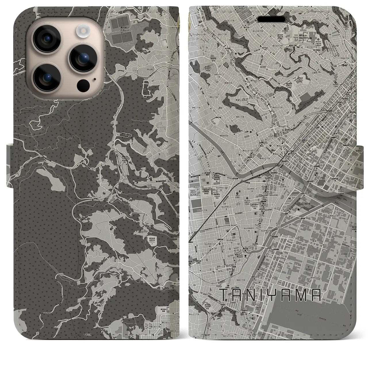 【谷山(鹿児島県)】地図柄iPhoneケース(手帳タイプ)モノトーン・iPhone 16 Plus 用
