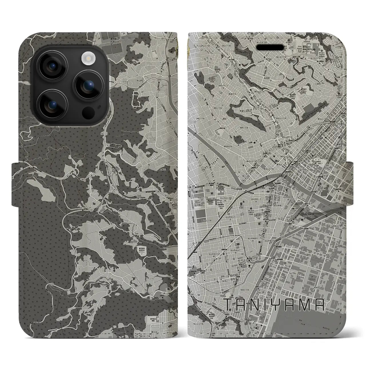【谷山(鹿児島県)】地図柄iPhoneケース(手帳タイプ)モノトーン・iPhone 16 用