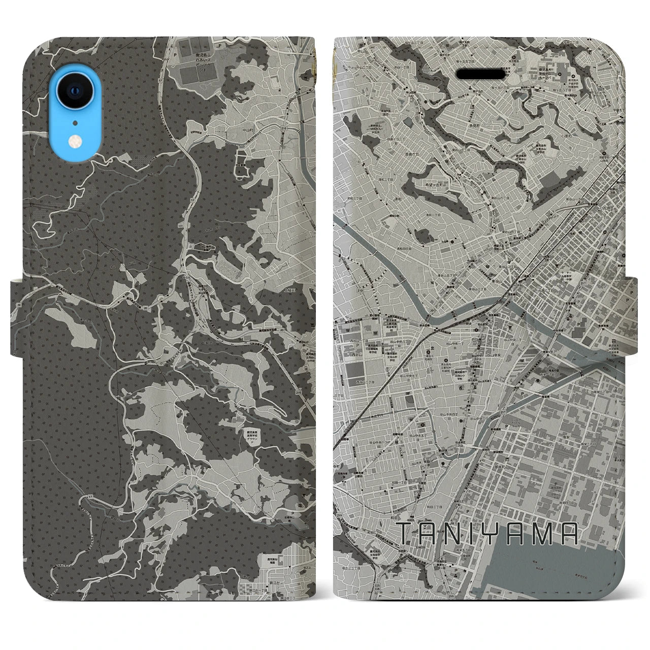 【谷山(鹿児島県)】地図柄iPhoneケース(手帳タイプ)モノトーン・iPhone XR 用