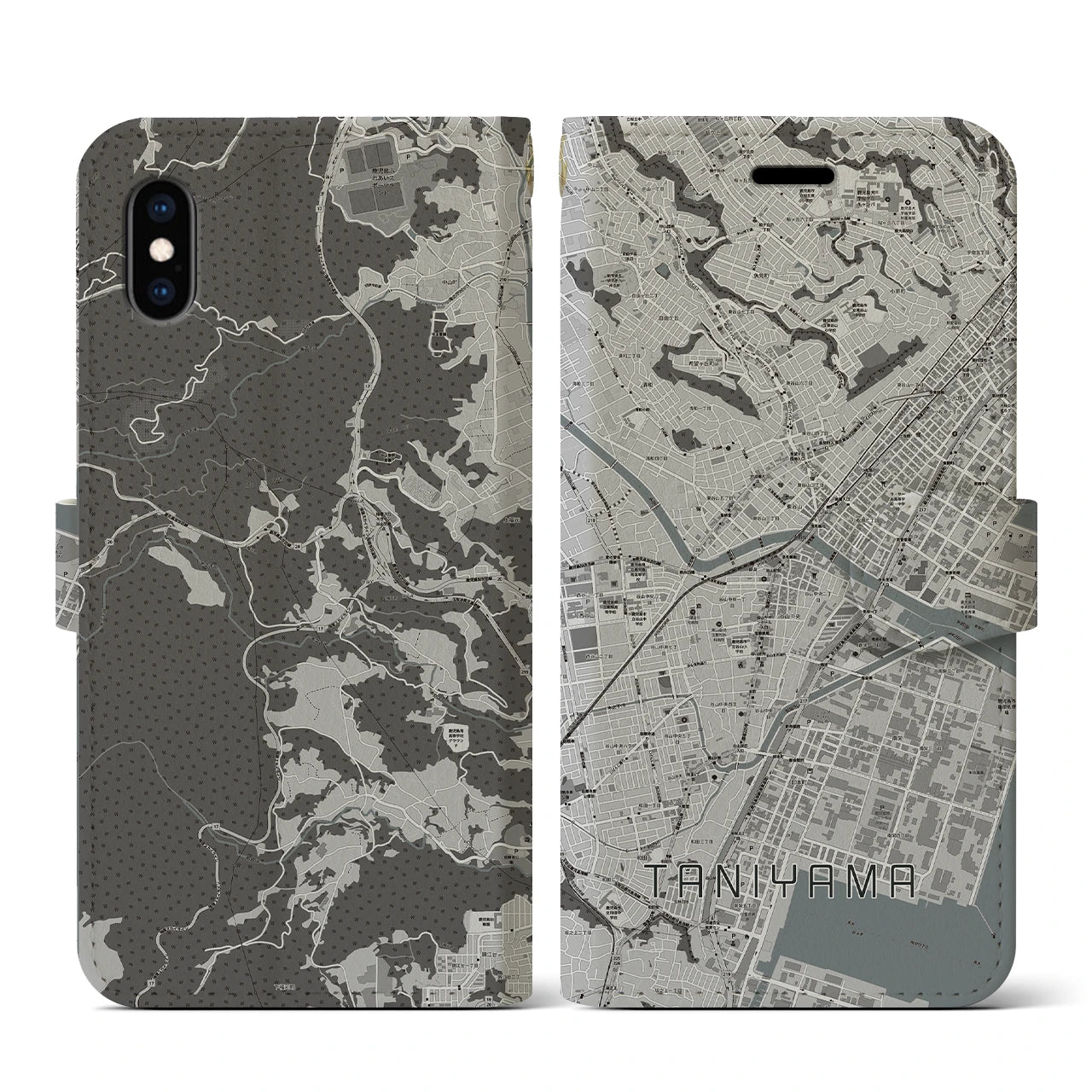 【谷山(鹿児島県)】地図柄iPhoneケース(手帳タイプ)モノトーン・iPhone XS / X 用