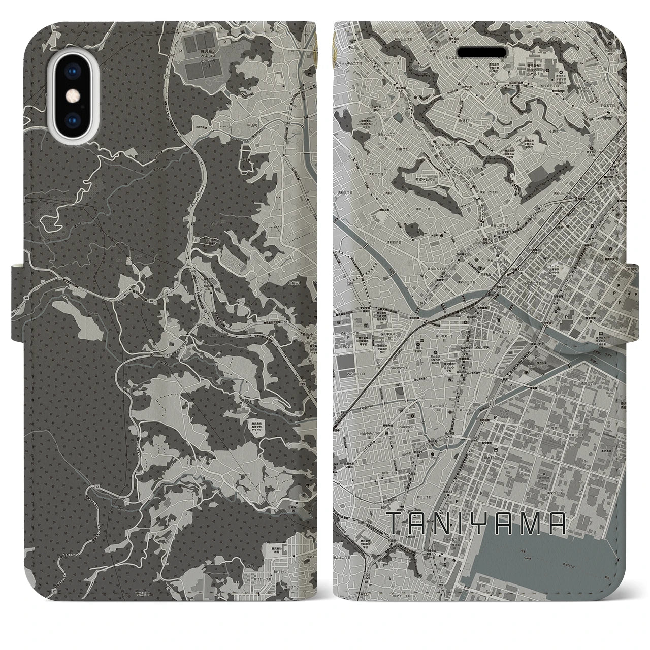 【谷山(鹿児島県)】地図柄iPhoneケース(手帳タイプ)モノトーン・iPhone XS Max 用