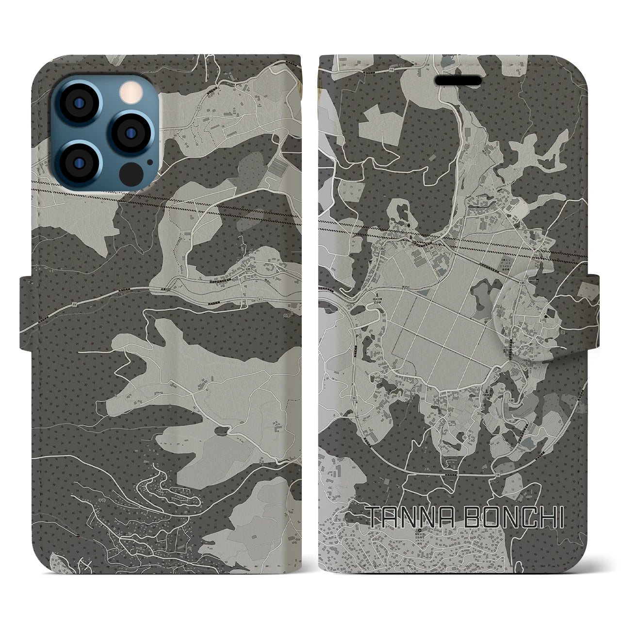 【丹那盆地(静岡県)】地図柄iPhoneケース(手帳タイプ)モノトーン・iPhone 12 Pro Max 用