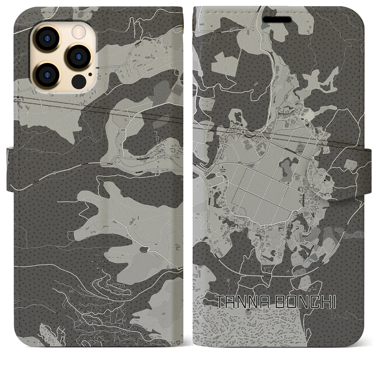 【丹那盆地(静岡県)】地図柄iPhoneケース(手帳タイプ)モノトーン・iPhone 13 mini 用