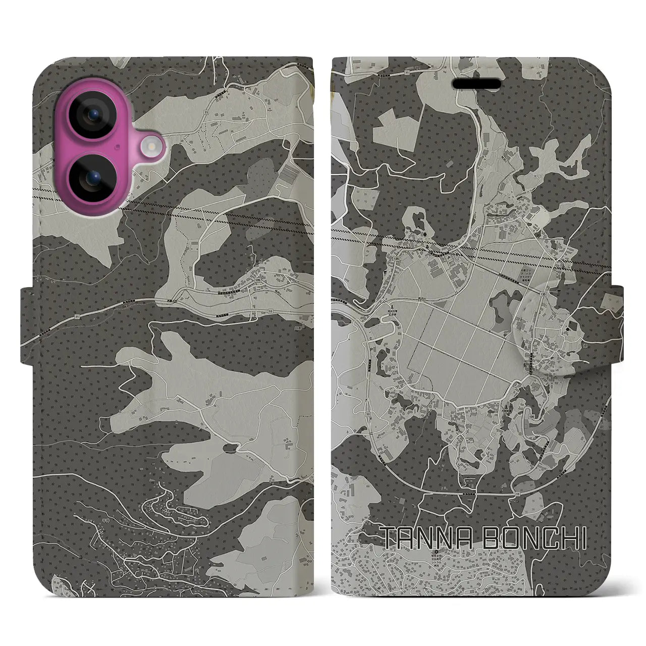 【丹那盆地(静岡県)】地図柄iPhoneケース(手帳タイプ)モノトーン・iPhone 16 Pro 用