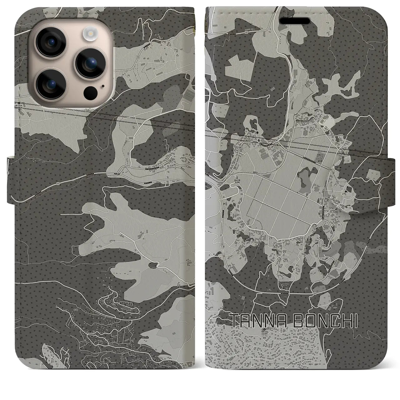 【丹那盆地(静岡県)】地図柄iPhoneケース(手帳タイプ)モノトーン・iPhone 16 Plus 用