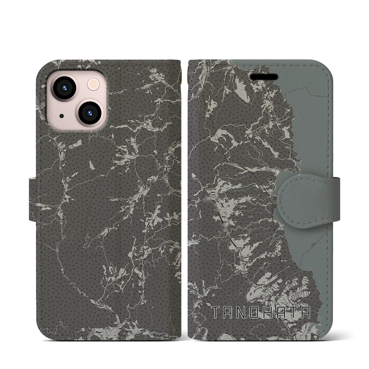 【田野畑(岩手県)】地図柄iPhoneケース(手帳タイプ)モノトーン・iPhone 13 mini 用