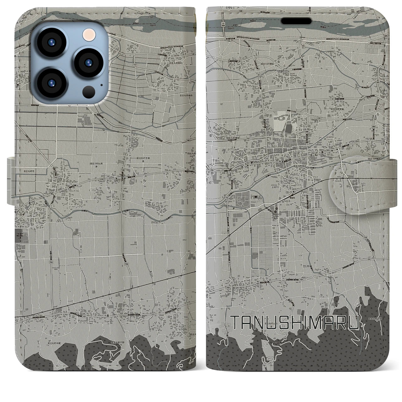 【田主丸(福岡県)】地図柄iPhoneケース(手帳タイプ)モノトーン・iPhone 13 Pro Max 用