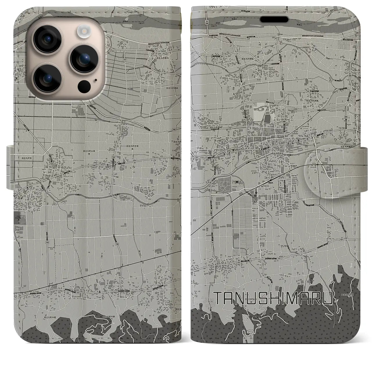 【田主丸(福岡県)】地図柄iPhoneケース(手帳タイプ)モノトーン・iPhone 16 Plus 用