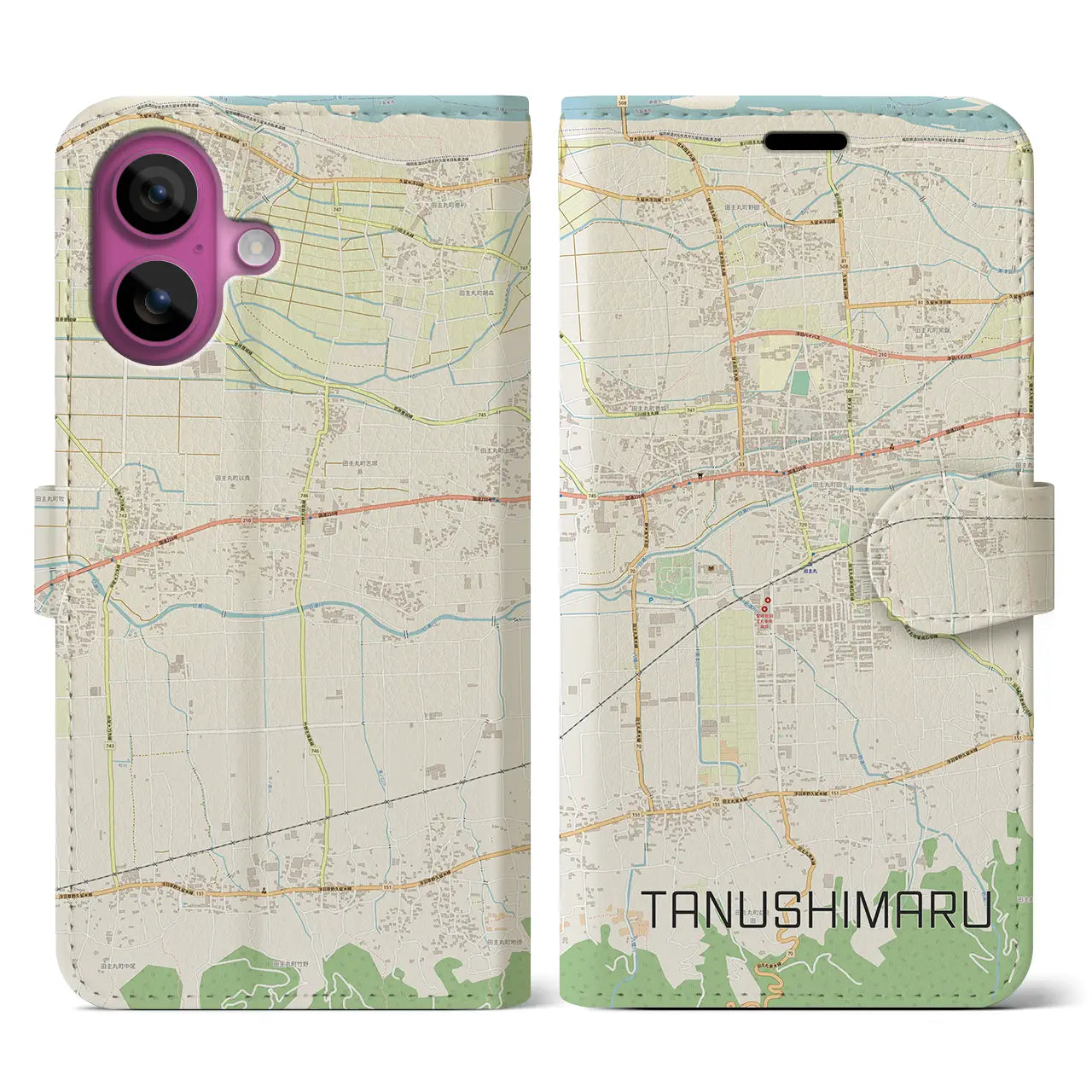 【田主丸(福岡県)】地図柄iPhoneケース(手帳タイプ)ナチュラル・iPhone 16 Pro 用