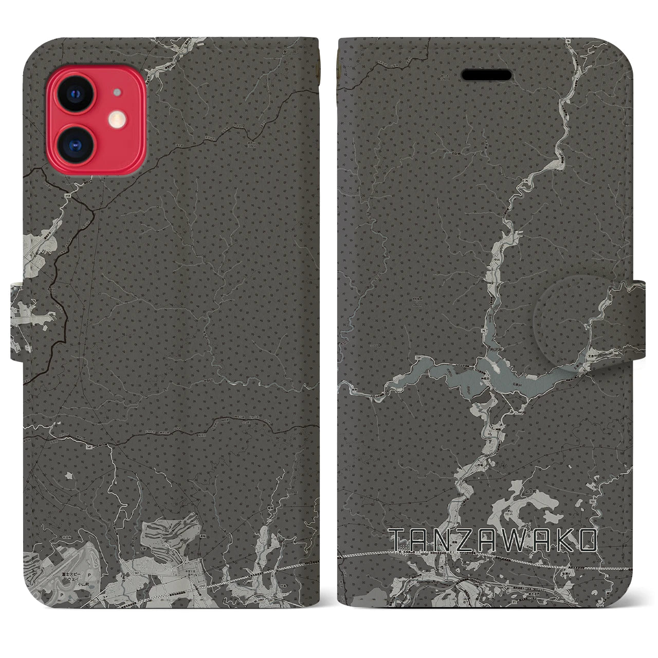 【丹沢湖(神奈川県)】地図柄iPhoneケース(手帳タイプ)モノトーン・iPhone 11 用