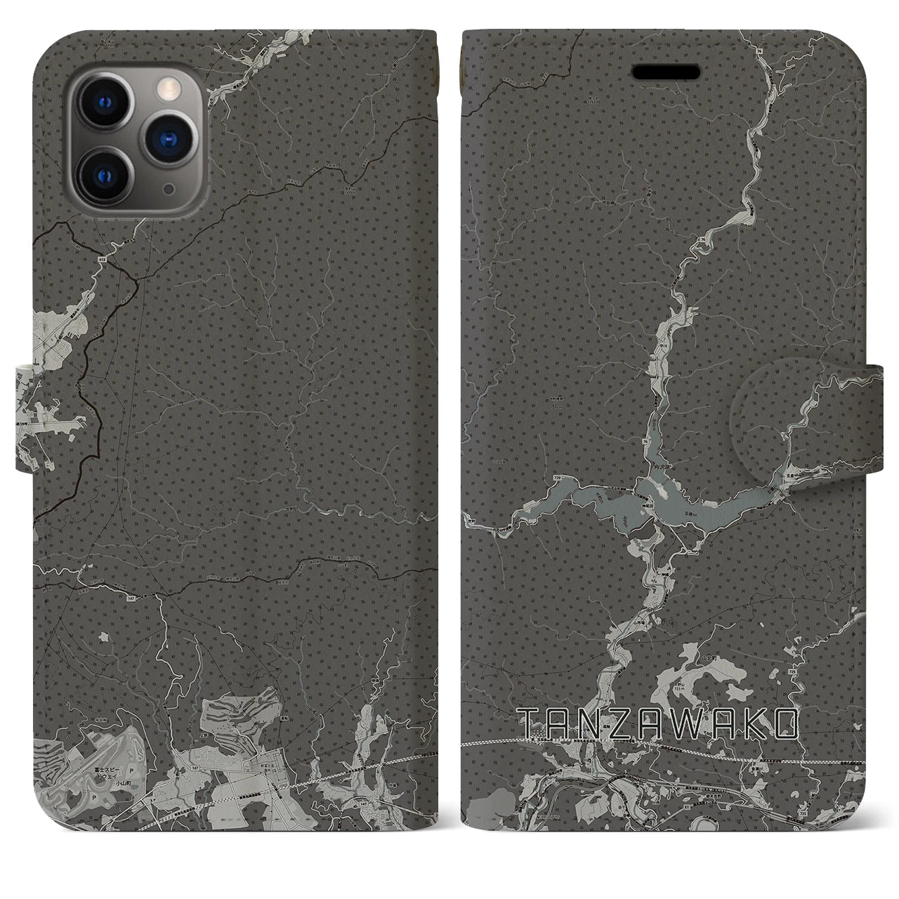 【丹沢湖(神奈川県)】地図柄iPhoneケース(手帳タイプ)モノトーン・iPhone 11 Pro Max 用