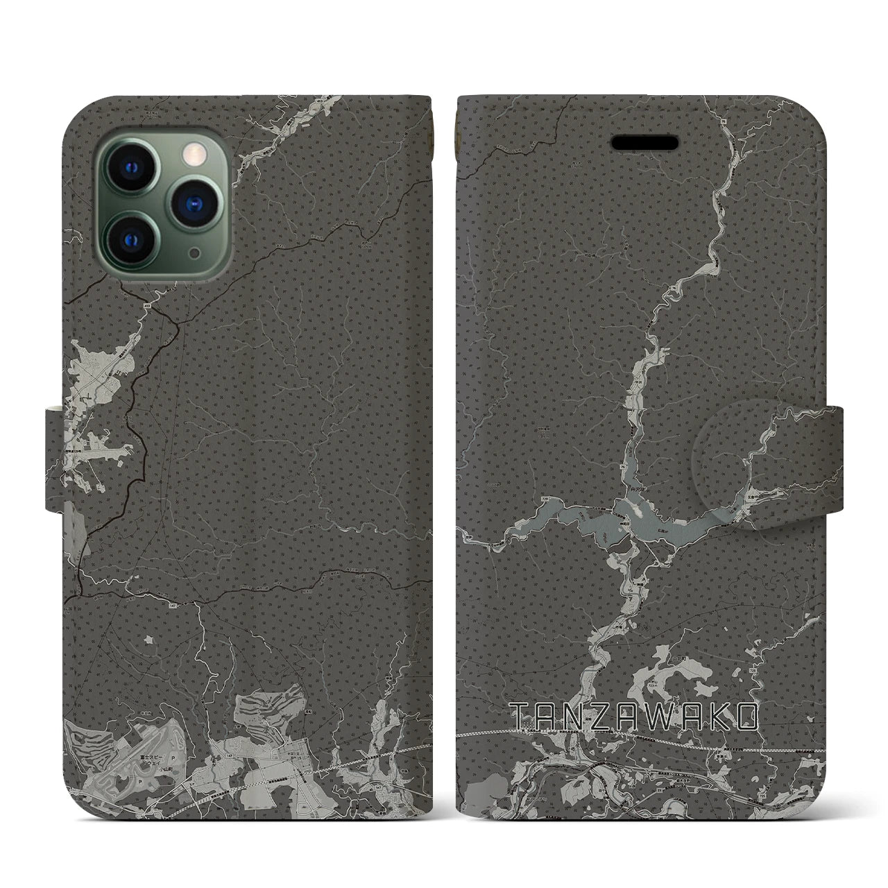 【丹沢湖(神奈川県)】地図柄iPhoneケース(手帳タイプ)モノトーン・iPhone 11 Pro 用