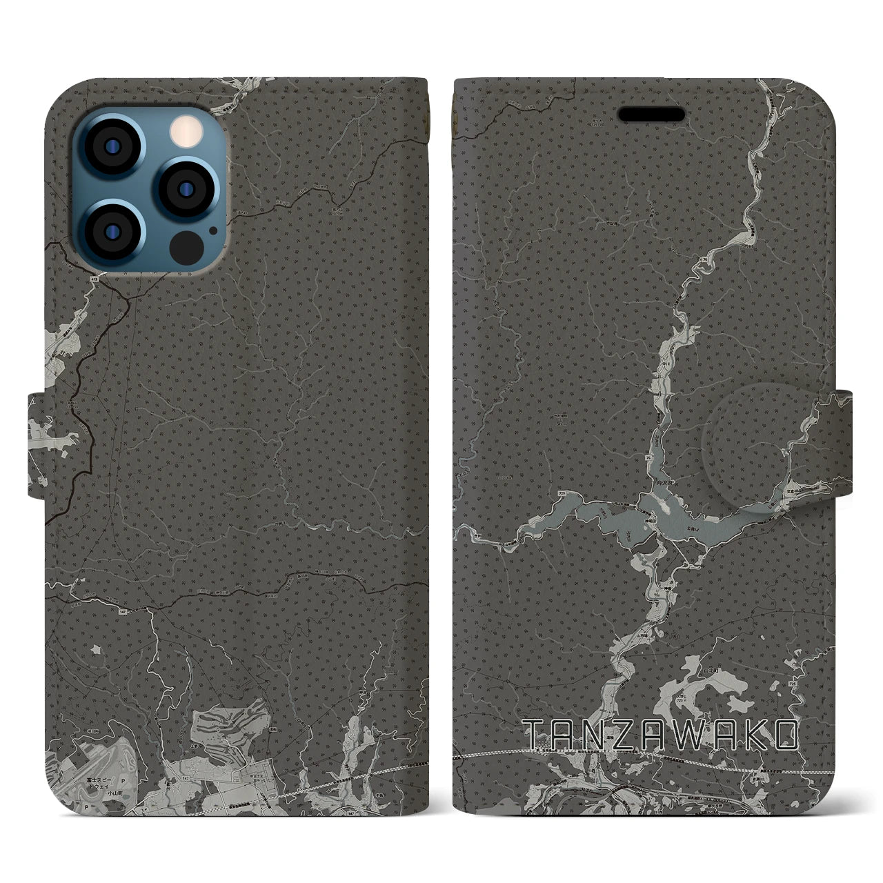 【丹沢湖(神奈川県)】地図柄iPhoneケース(手帳タイプ)モノトーン・iPhone 12 / 12 Pro 用