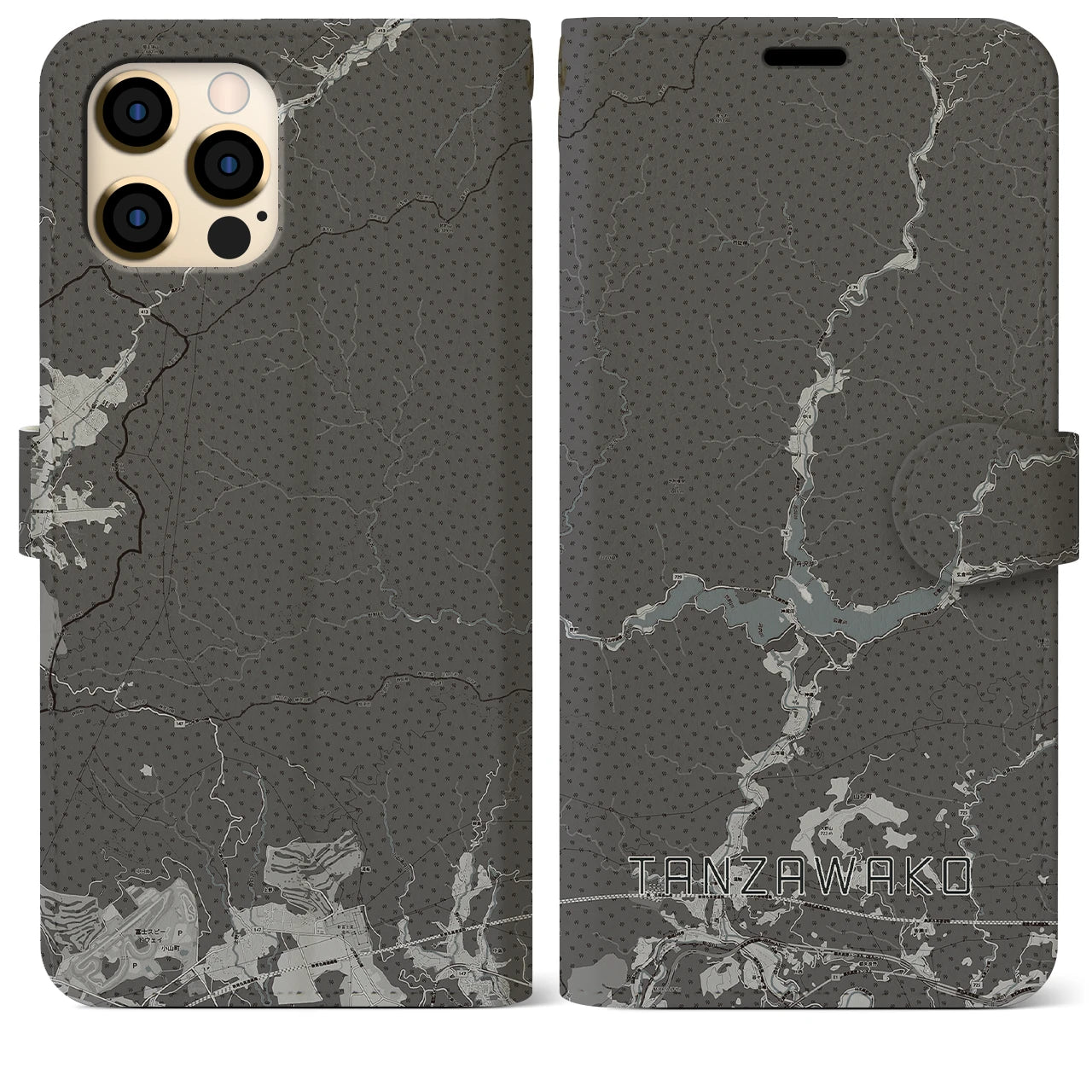 【丹沢湖(神奈川県)】地図柄iPhoneケース(手帳タイプ)モノトーン・iPhone 12 Pro Max 用