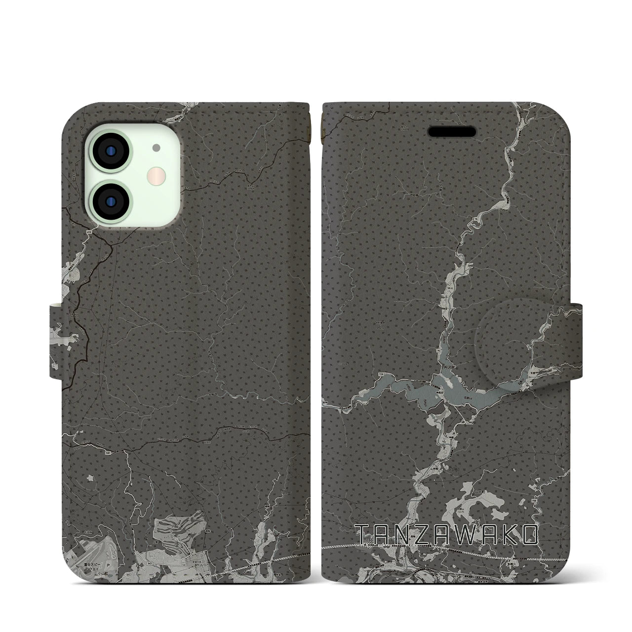 【丹沢湖(神奈川県)】地図柄iPhoneケース(手帳タイプ)モノトーン・iPhone 12 mini 用