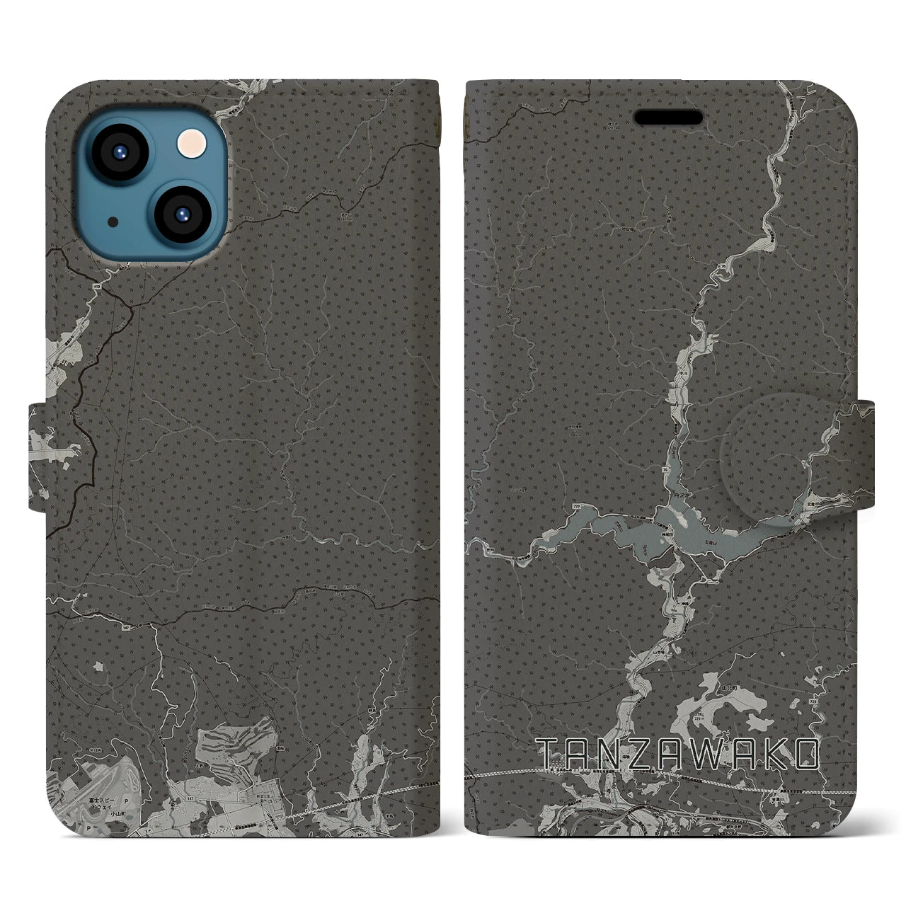 【丹沢湖(神奈川県)】地図柄iPhoneケース(手帳タイプ)モノトーン・iPhone 13 用